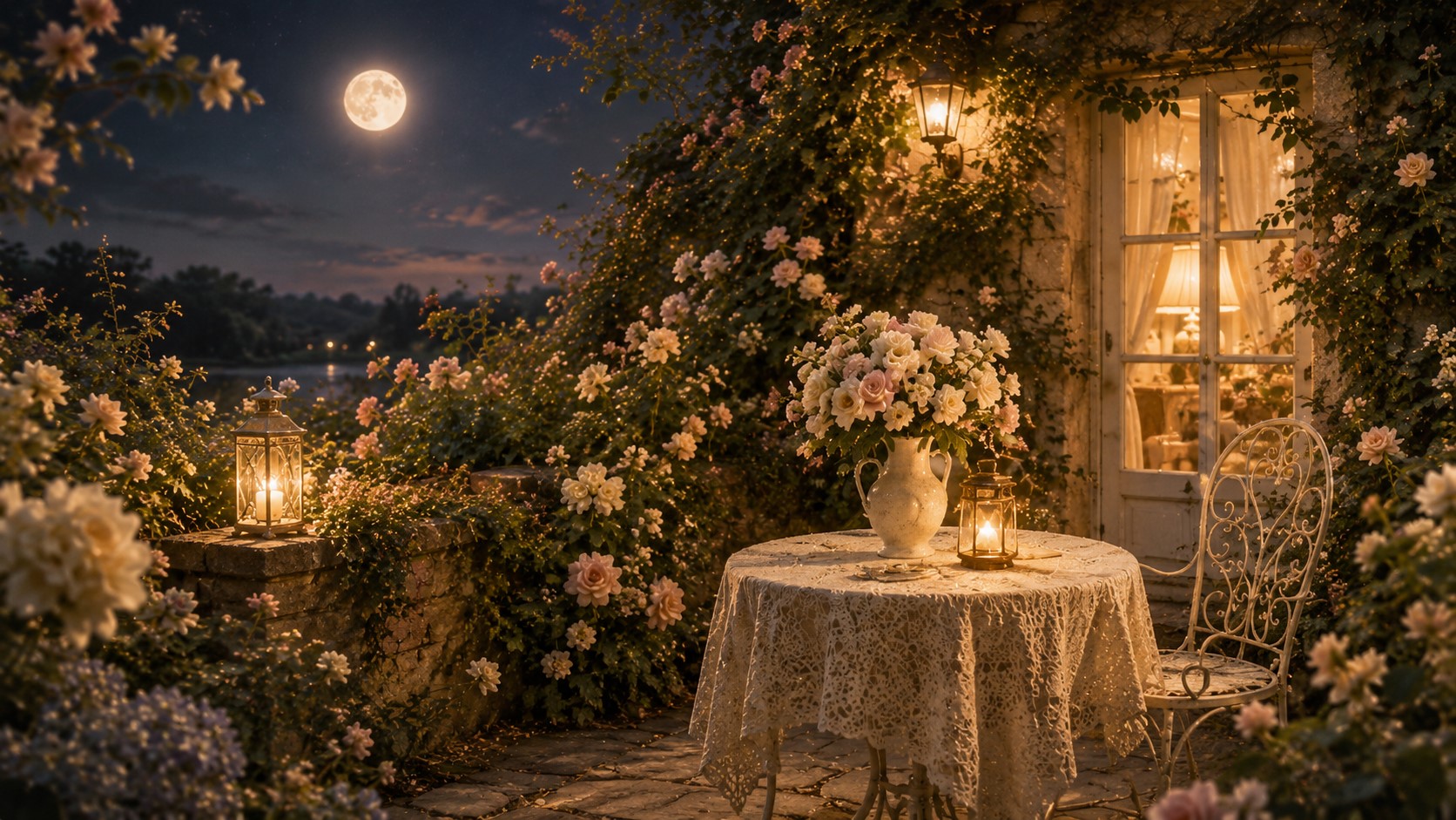 月夜中的小院与亮灯小屋