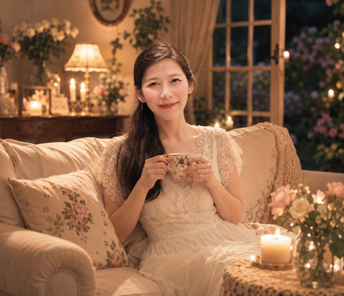 婵娟在月夜花园旁的房间里捧着茶杯