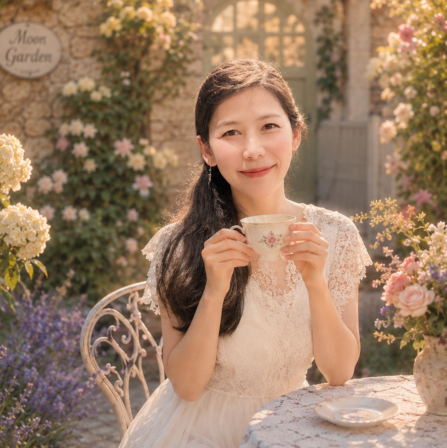 月光小院主人婵娟在花园中捧着茶杯